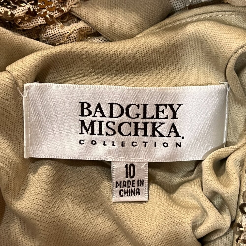 Badgley Mischka Cowl Back Stretch Fit Gold Sequin Evening Gown - Picture 11 of 15